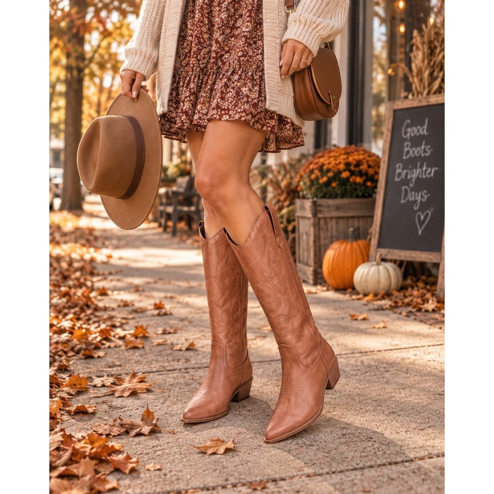Western Knee High Brown Pointed Toe Cowboy Boots SDMB2218W Size 8.5